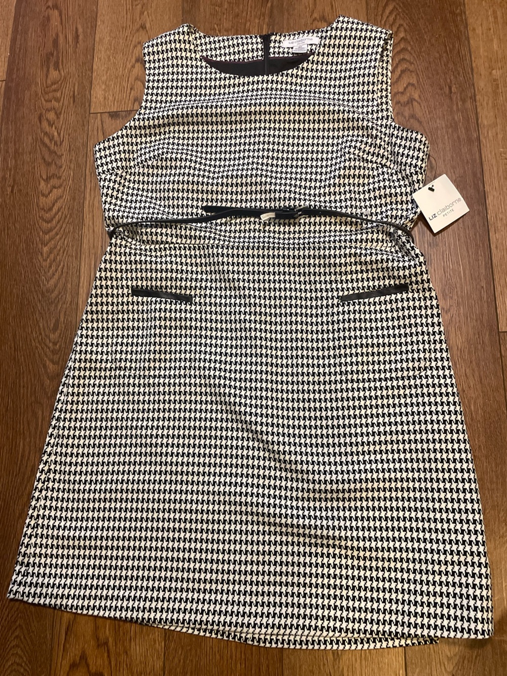 Liz Claiborne Petite Black & White Belted Houndstooth Shift Dress 16P